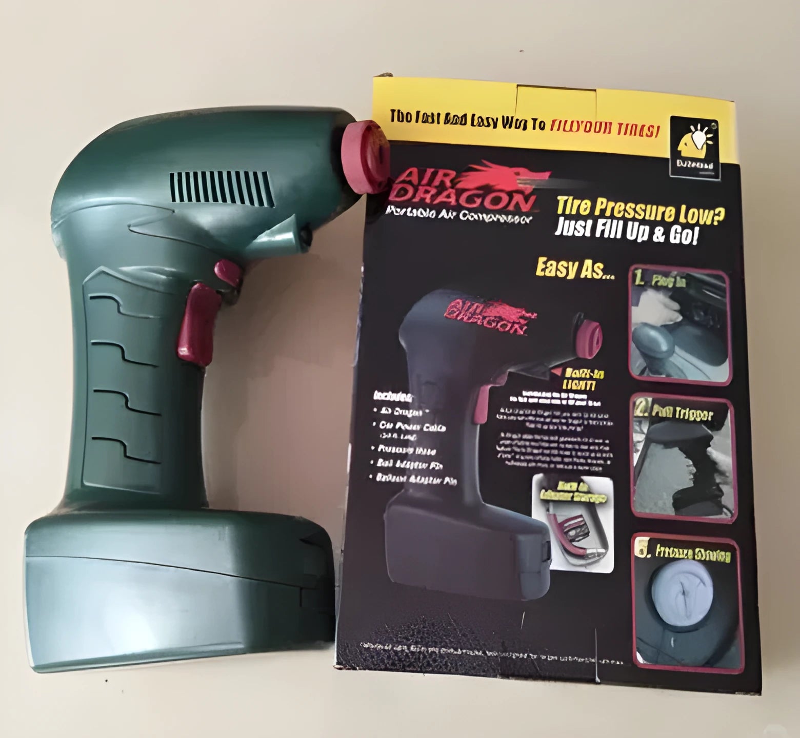 Portable electric car tyre inflator pump with motor unit.