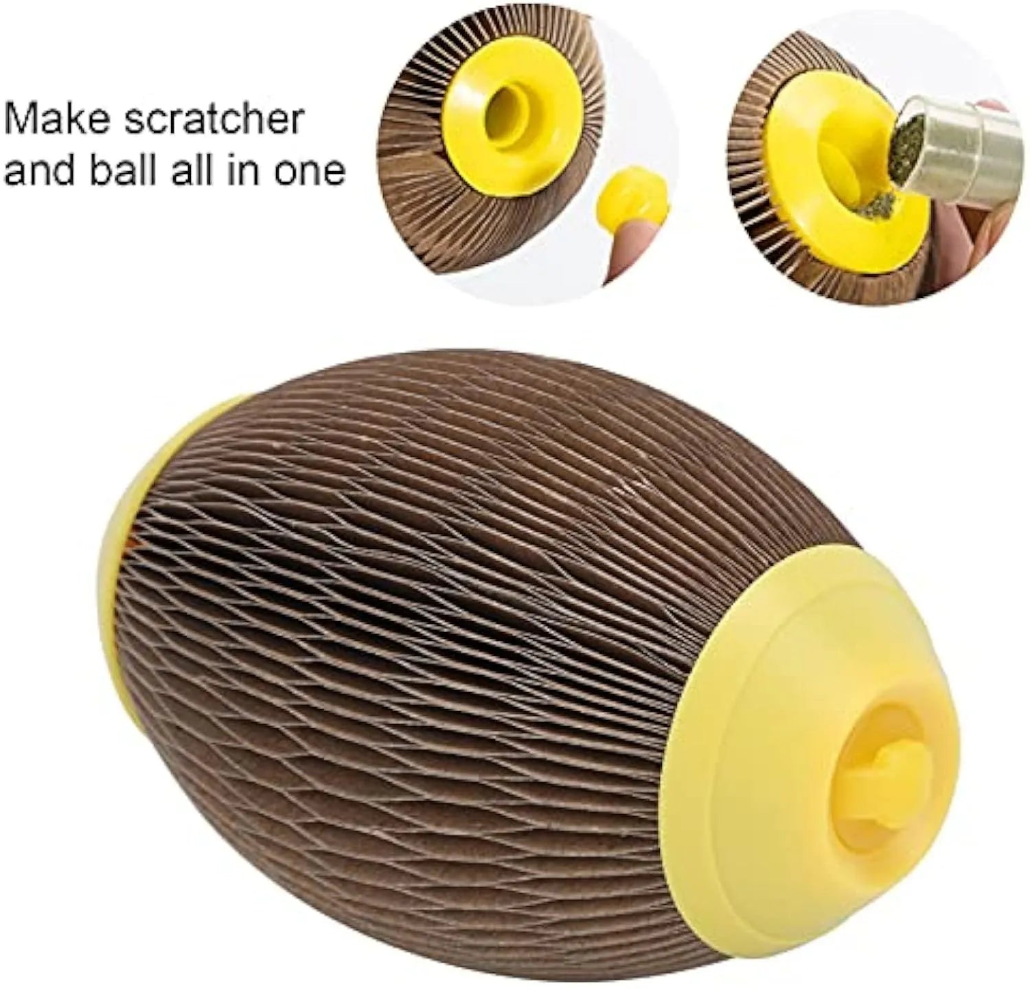 Ellipse-shaped grey corrugated cardboard catnip football toy with a scratch surface.