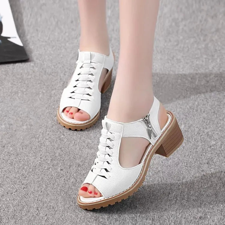 Women's retro sandals with side zipper in black, creamy white, and white on a mid-heel.