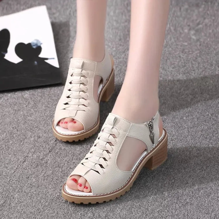 Women's retro sandals with side zipper in black, creamy white, and white on a mid-heel.