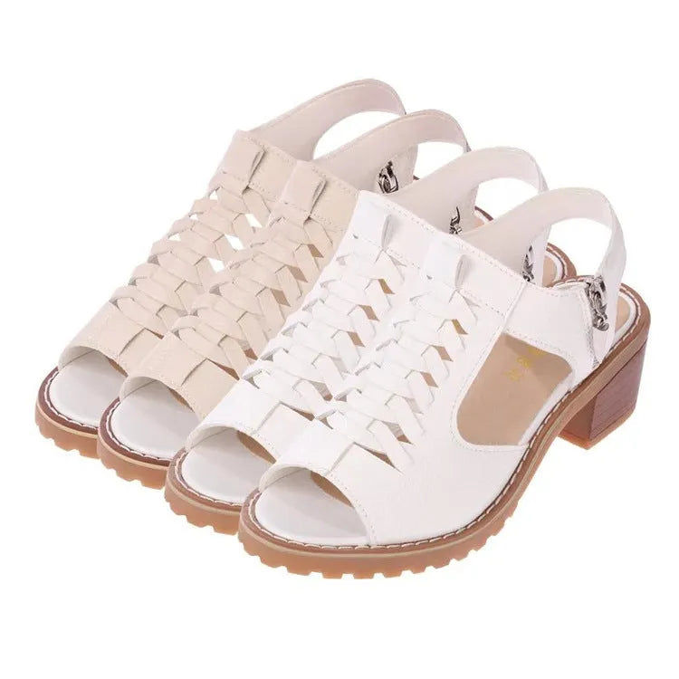 Women's retro sandals with side zipper in black, creamy white, and white on a mid-heel.