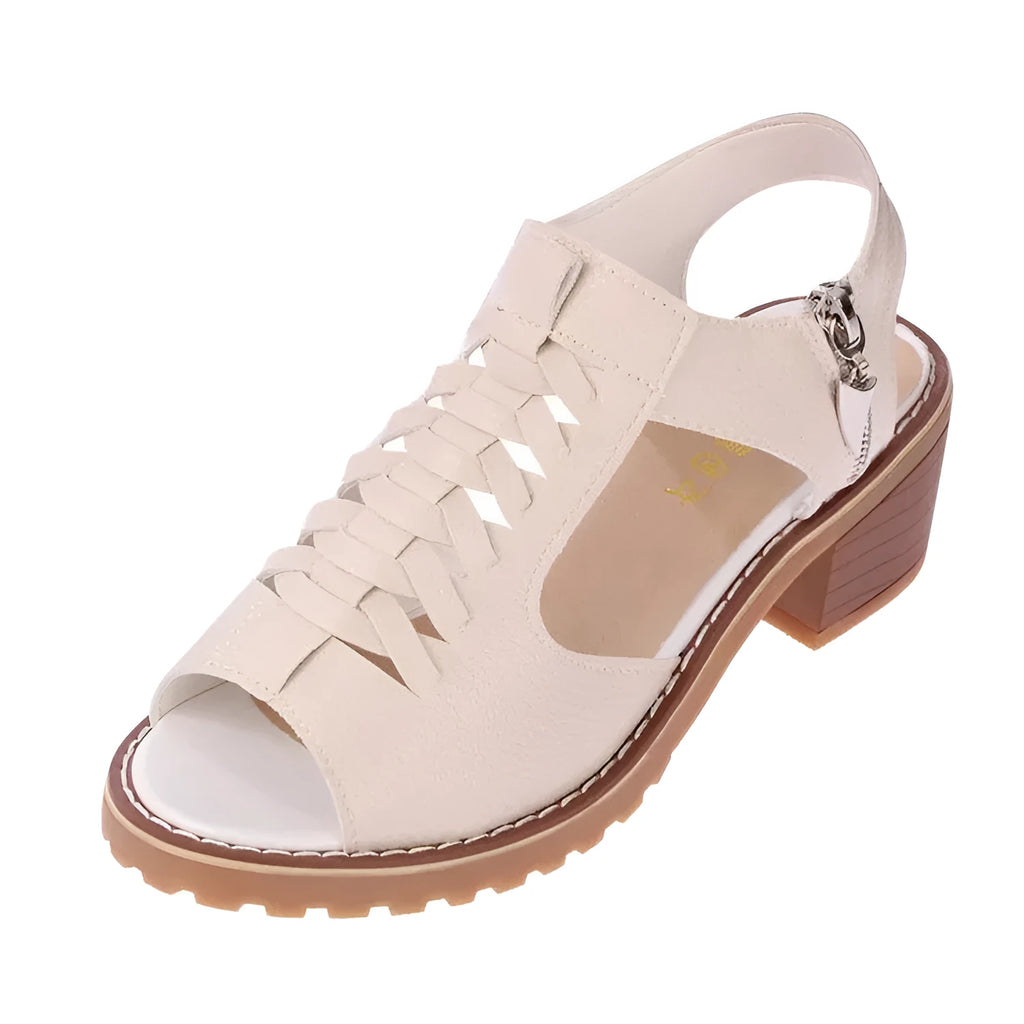 Women's retro sandals with side zipper in black, creamy white, and white on a mid-heel.