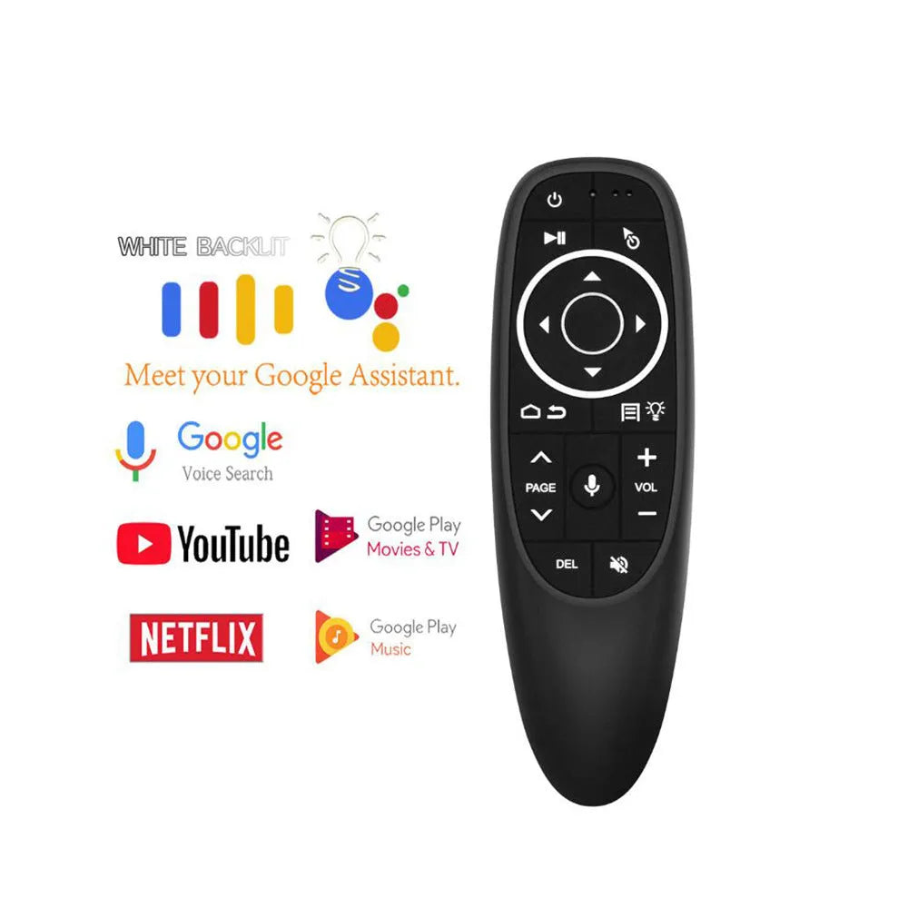 G10S intelligent voice remote control with plastic shell and silicone buttons for Android TV and PC.