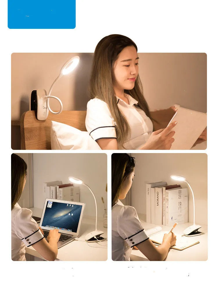 Green USB rechargeable LED desk lamp with touch control switch on a wooden table.