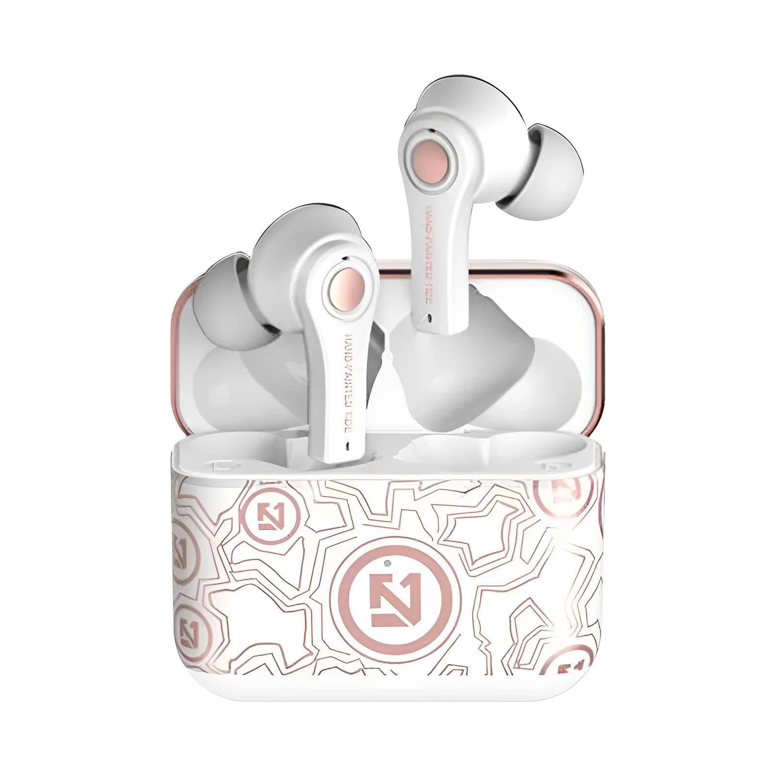 Black and white wireless Bluetooth headset showing head-mounted design