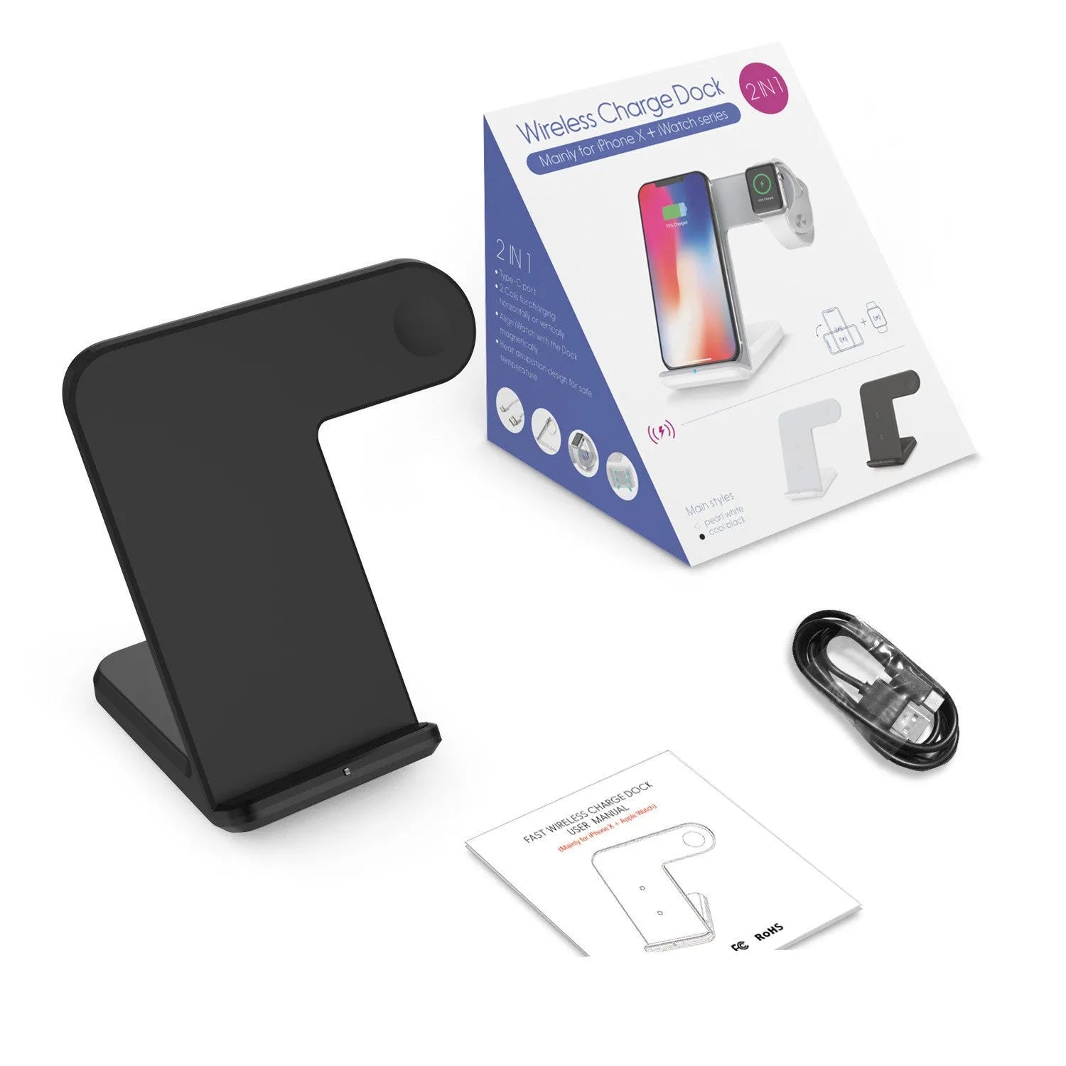 Wireless phone charger pad with Type-C cable in black or white colour