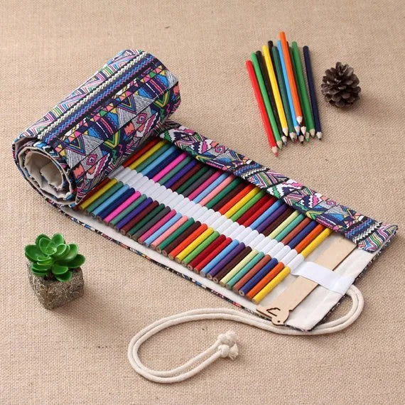 Canvas pencil wrap roll up case with elastic bands for 12-72 slots, shown in natural colour