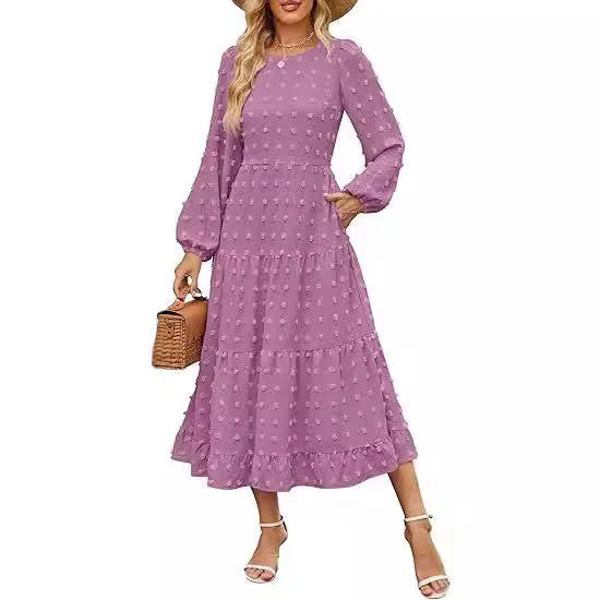 Women's beige long sleeve casual dress with ruffled sleeves and a high waist.