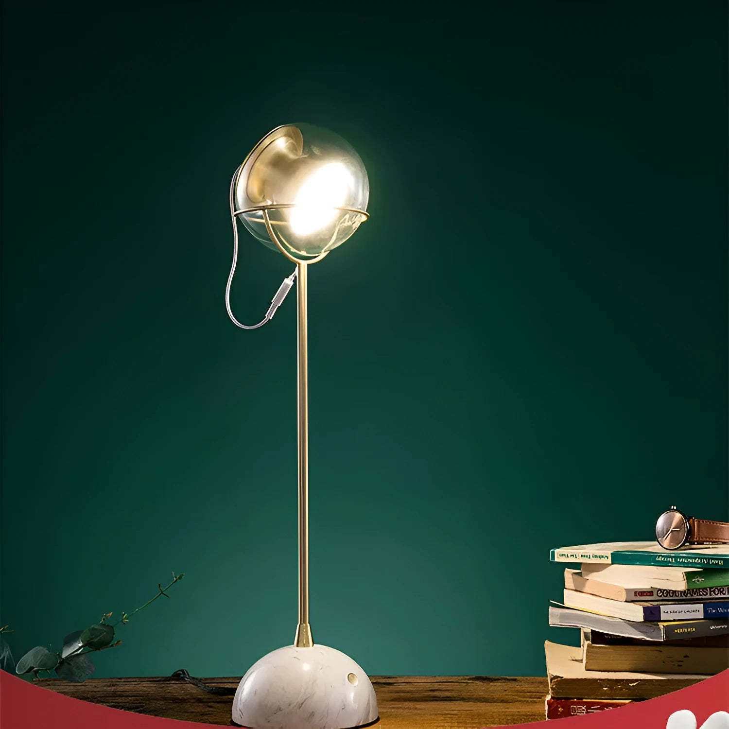 Glass desk lamp with dimmable touch switch and LED light source on desk surface