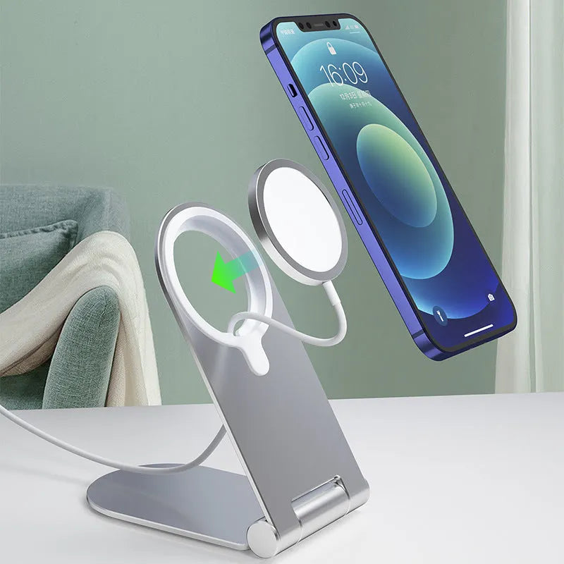 Silver portable magnetic bracket for iPhone 12 showing vertical angle adjustment mechanism