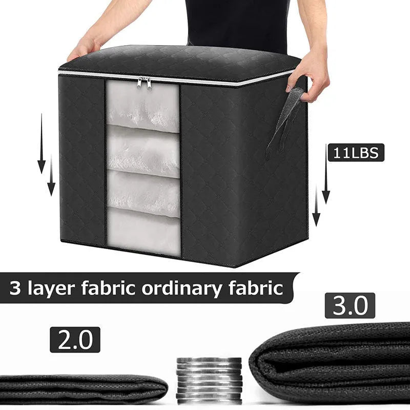 Beige non-woven fabric storage bag with zippered seal and carry handles for quilt and clothing organisation.