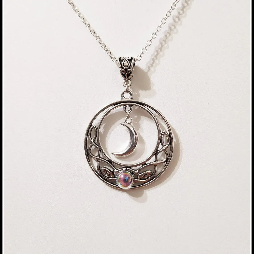 Celtic crescent crystal necklace for women with alloy cross chain and glass moon pendant in colour AQ-3073