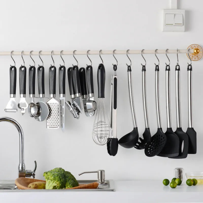 Black silicone kitchen utensil set with stainless steel handles, 16 pieces