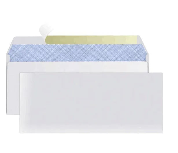Blue confidential anti-opening security envelope showing self-adhesive seal, measuring 105mm by 240mm