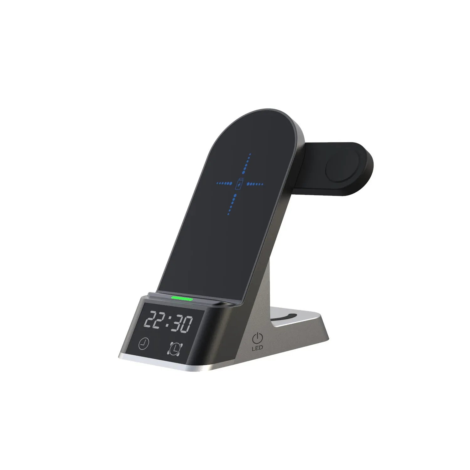 Black multifunctional alarm clock wireless charging station with digital display