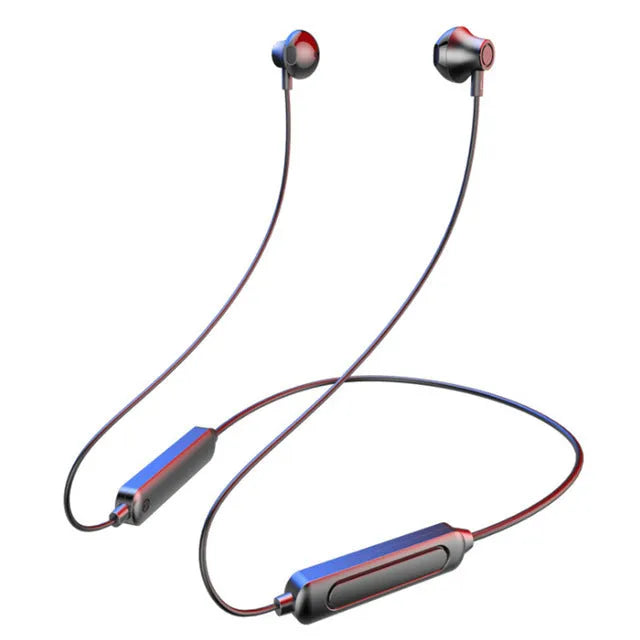 Black neck-mounted wireless sports earphones with custom logo printing support