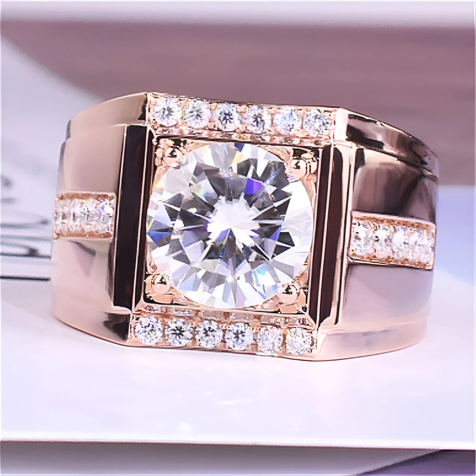 Men's adjustable imitation moissanite ring with geometric diamond zircon stones in open mouth design