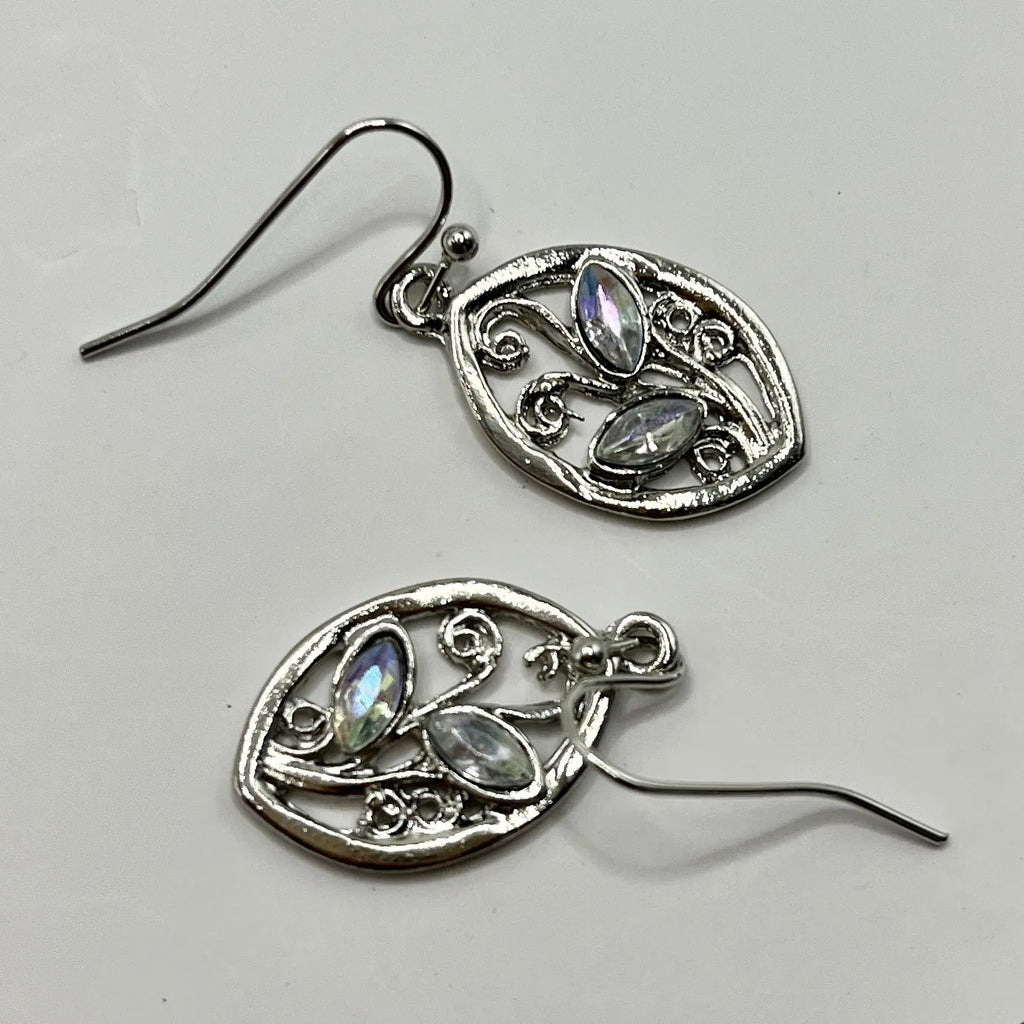 Silver alloy earrings with leaf shape containing colourful embedded moonstone