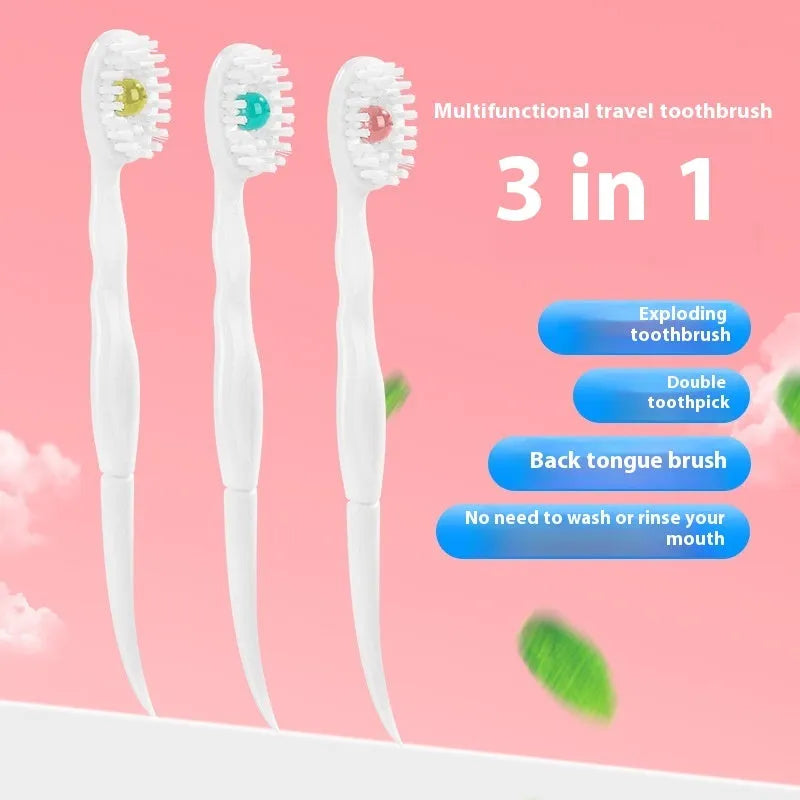 Box of disposable bead toothbrushes showing mint, peach, and plum green tea flavour options for travel.