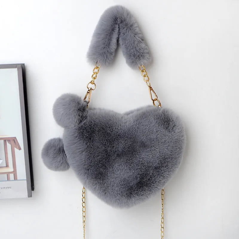 Heart-shaped women's plush handbag with shoulder strap in multiple colour options