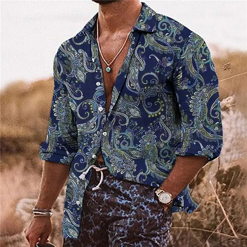 Men's loose fit long sleeve shirt with a 3D digital print flower pattern in a business casual style.