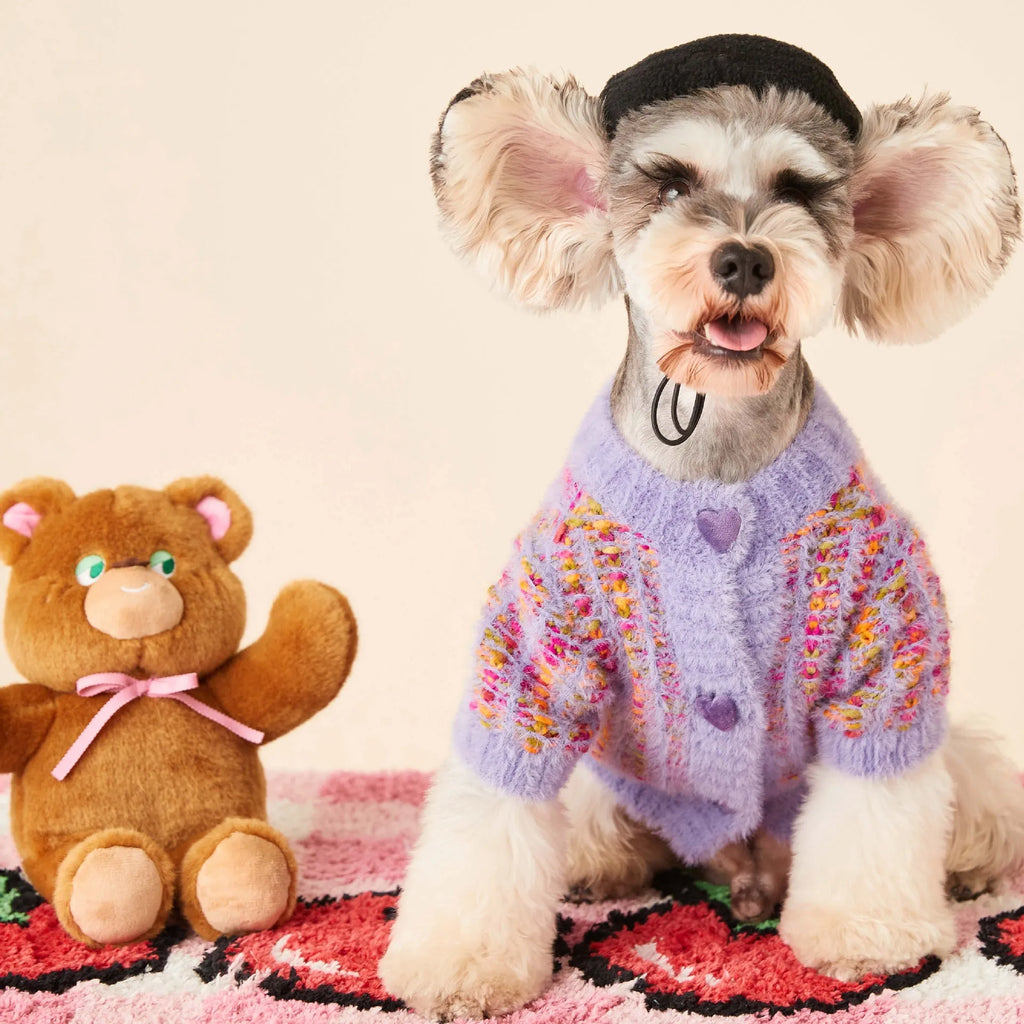 Purple wool pet cardigan sweater for female dogs, autumn winter design, XS-2XL sizing