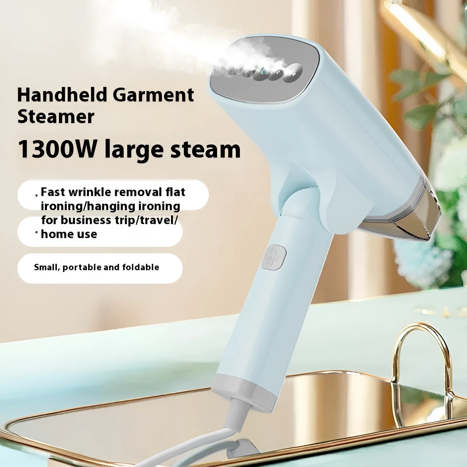 Blue handheld garment steamer with water tank and power cord for portable clothes wrinkle removal