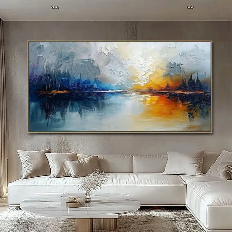 Handmade modern abstract landscape oil painting on canvas, large horizontal size