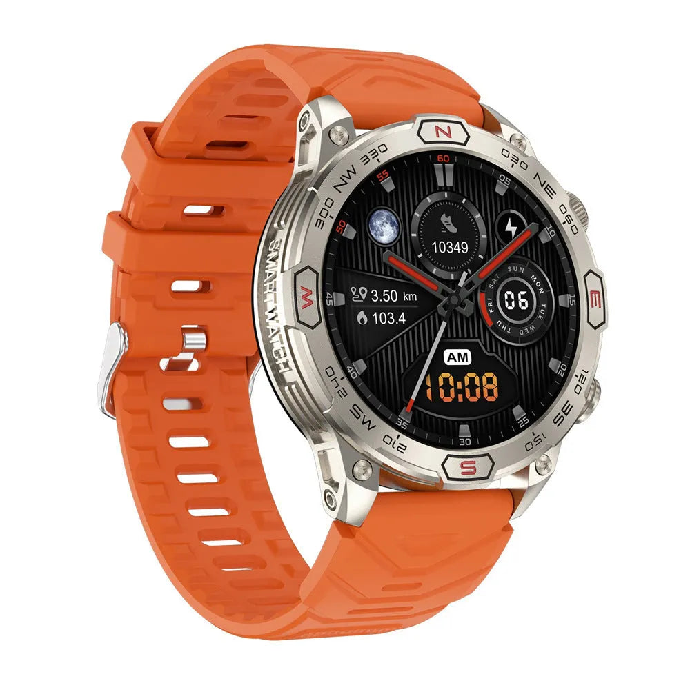Black sports smartwatch with AMOLED screen on a silicone strap, showing fitness data.