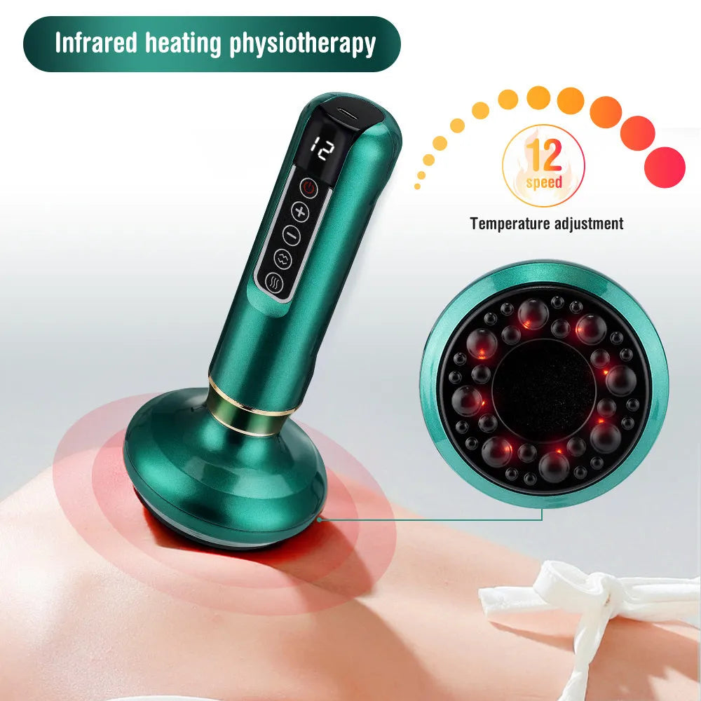 Green electric vacuum cupping massager device with USB charger on a white background.
