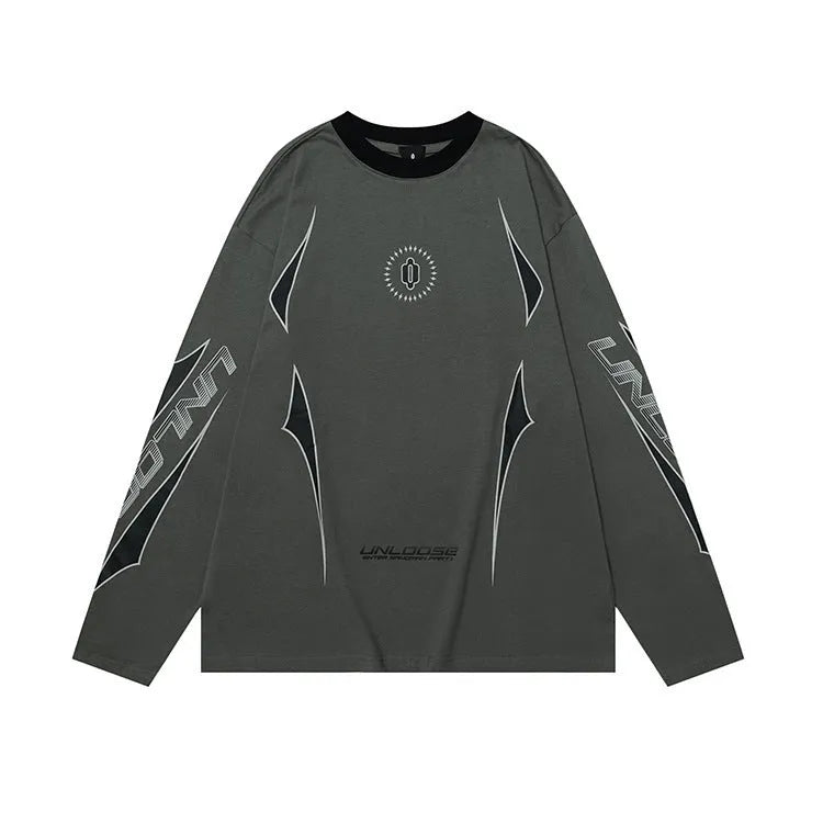 Grey cotton drop shoulder sweatshirt with letter print and long sleeves on a hanger.