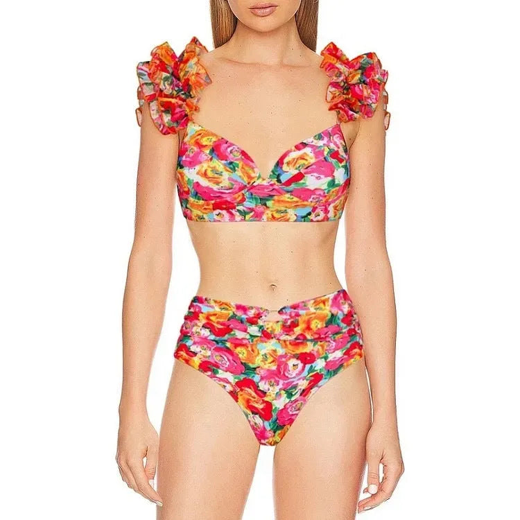 Women's high-waisted floral push-up bikini set with matching swim skirt