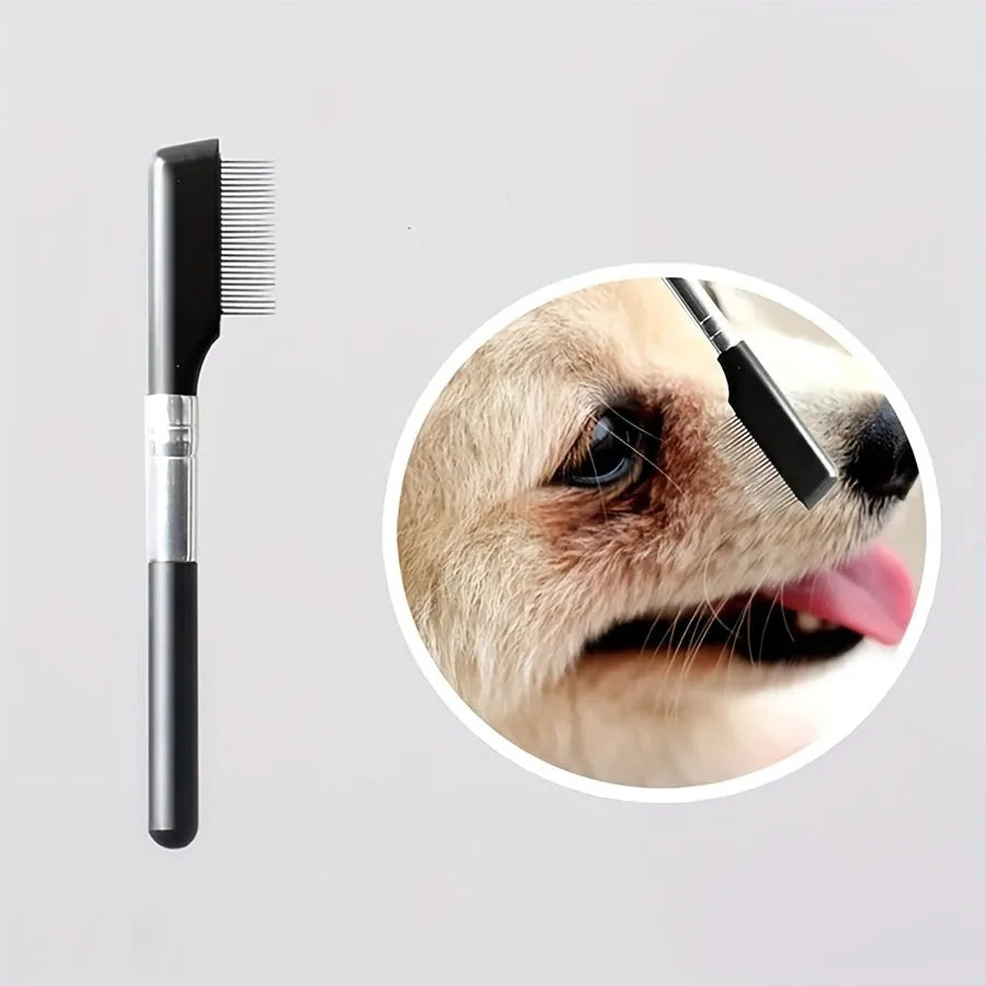 Black pet grooming brush with soft silicone bristles for eye cleaning and comb attachment for hair removal