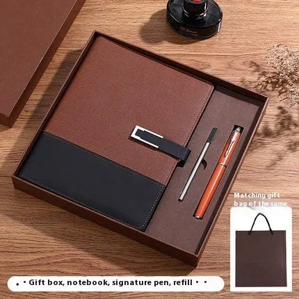 A5 business notebook with PU leather cover in brown, black, green, blue, or red, alongside a luxury gift box.