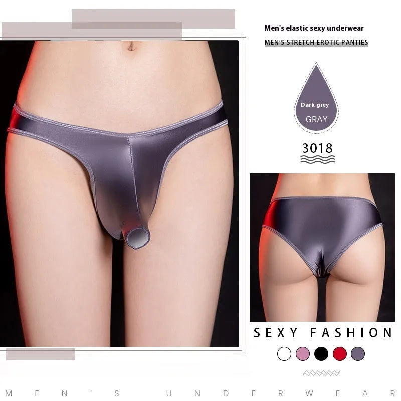 Men's T-back low waist underwear in shiny nylon showing black, white, red, pink and dark grey colour options