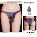 Men's T-back low waist underwear in shiny nylon showing black, white, red, pink and dark grey colour options