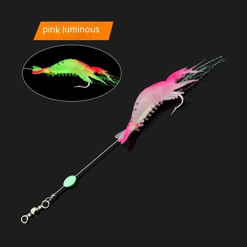 Pack of six soft fishing lures with hooks in various colours including luminous pink and black head yellow body.