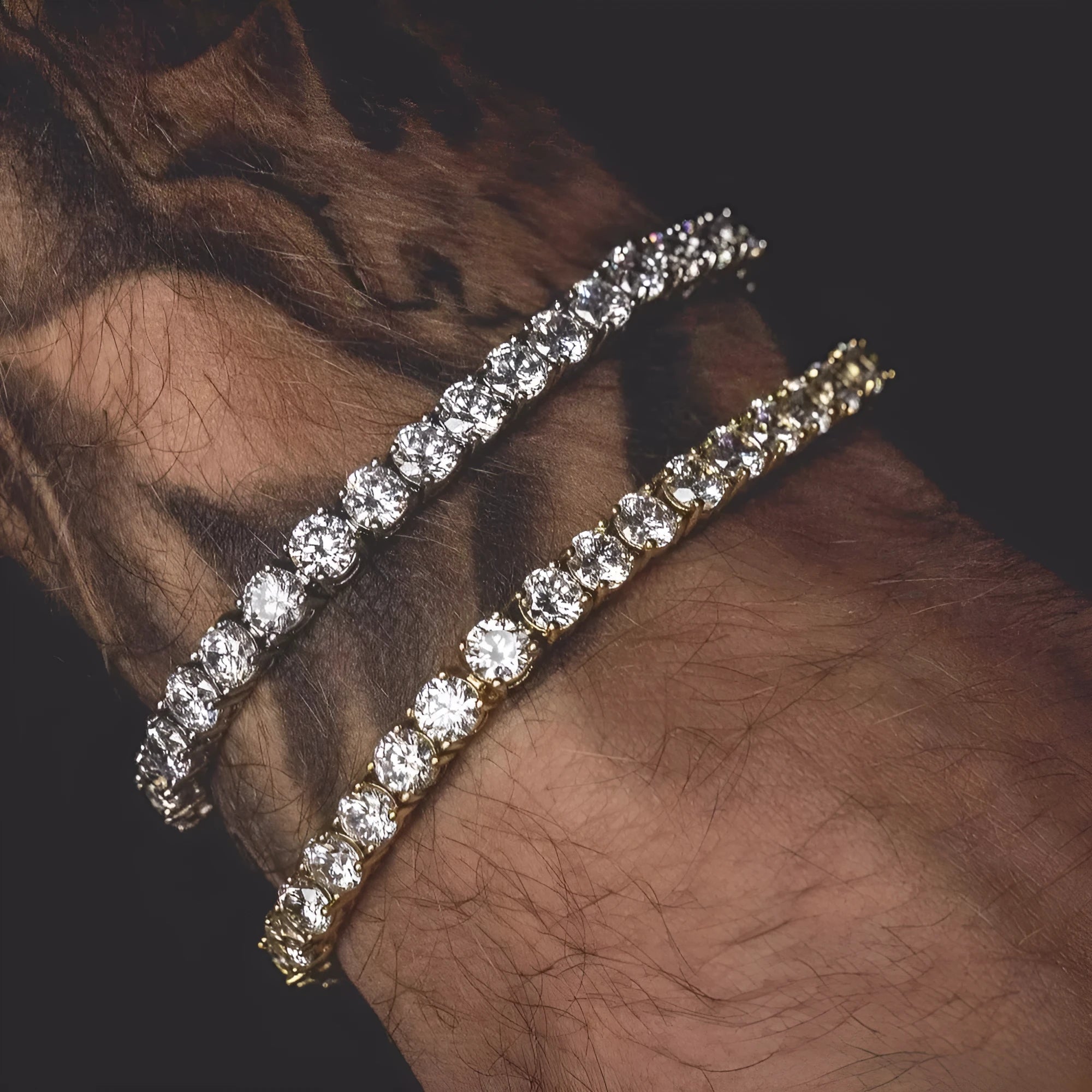 Men's silver alloy Hip Hop bracelet with geometric links, set with a row of clear rhinestone and zirconia charms.