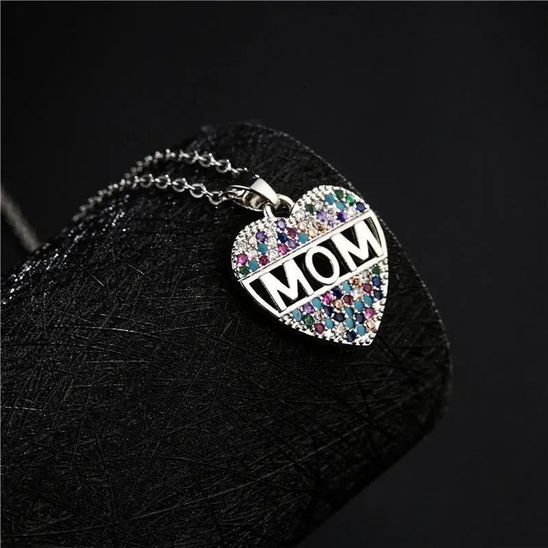Copper MOM heart pendant necklace with micro inlay on adjustable chain