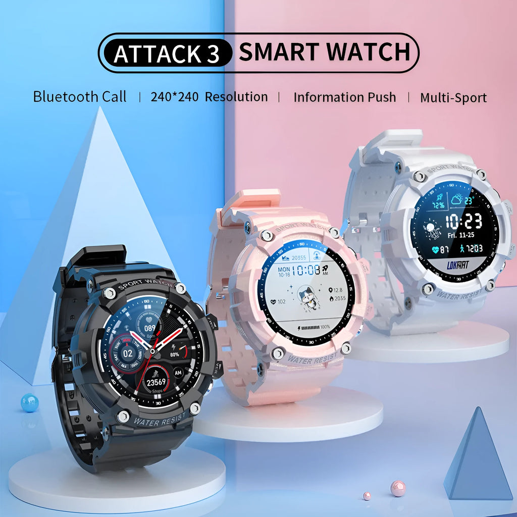 ATTACK 3 IP67 waterproof smartwatch in black with round colour screen and TPU strap on wrist