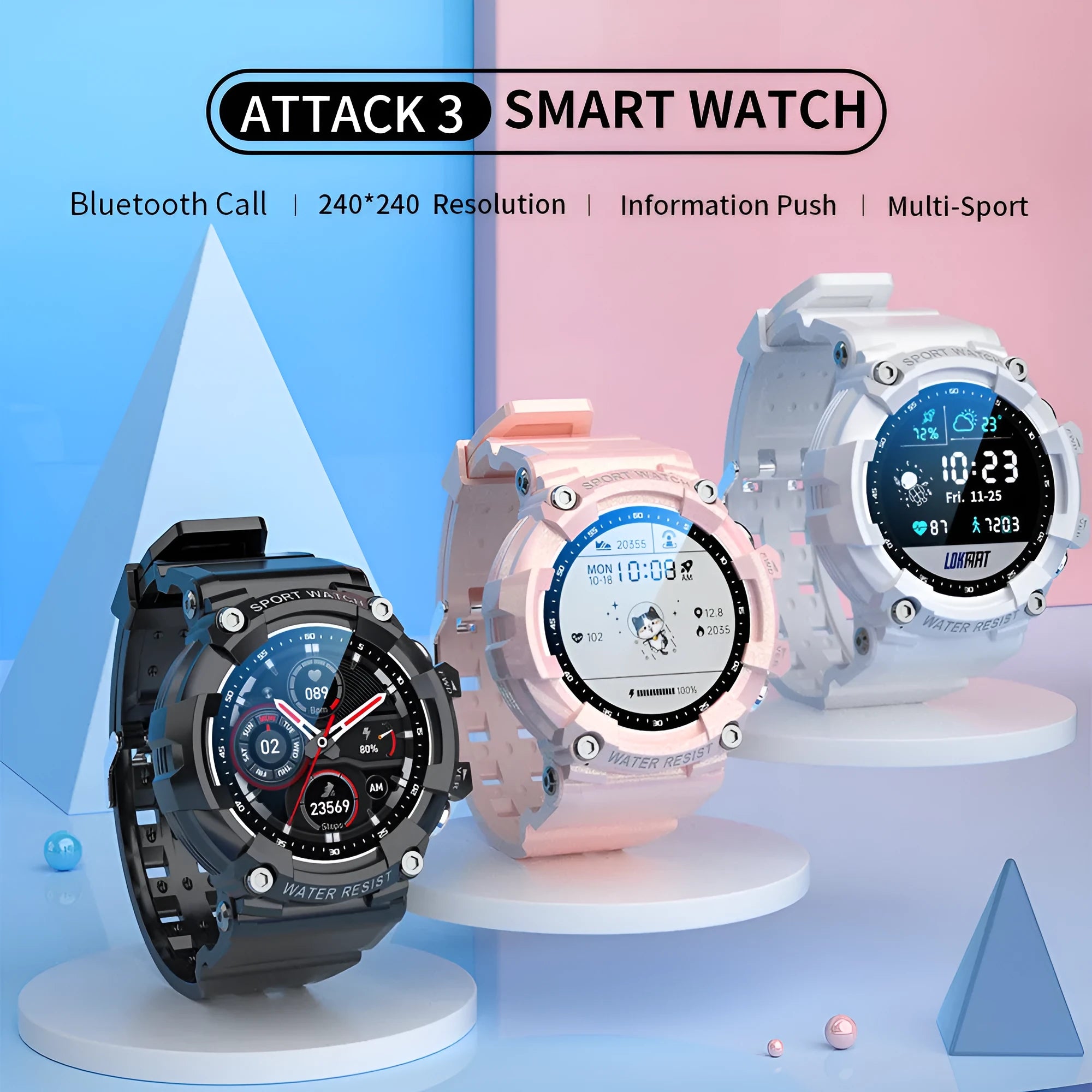 ATTACK 3 IP67 waterproof smartwatch in black with round colour screen and TPU strap on wrist