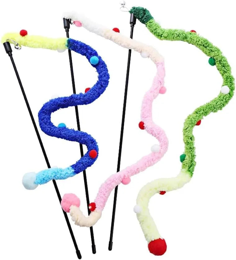 Cat wand toy with long plush strip and colourful ball with bells on 41cm pole