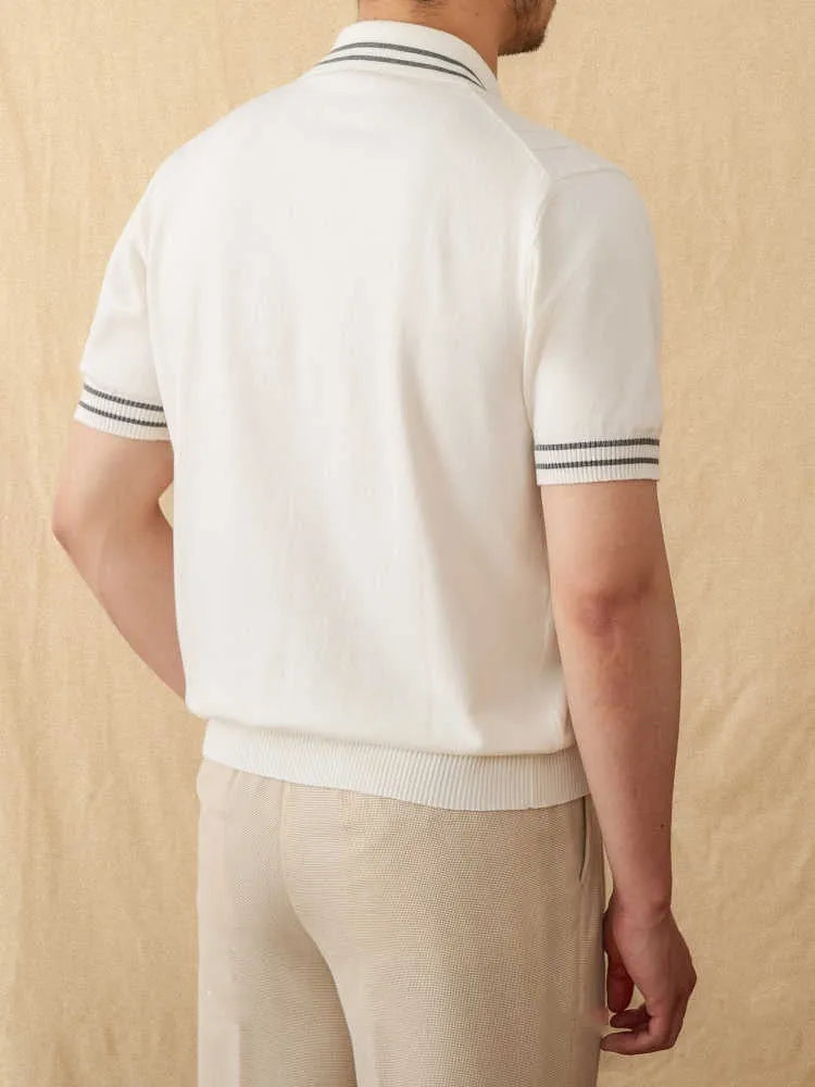 Men's apricot cotton-blended lapel polo shirt with short sleeves on a hanger.