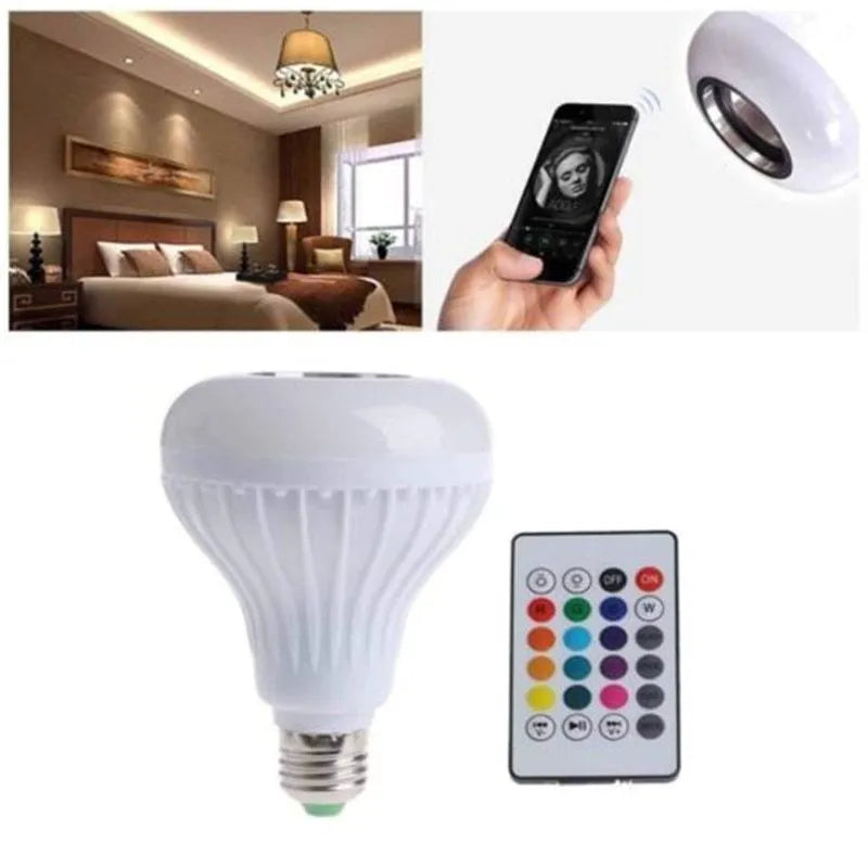 White Bluetooth speaker LED light bulb with E27 screw base and remote control.