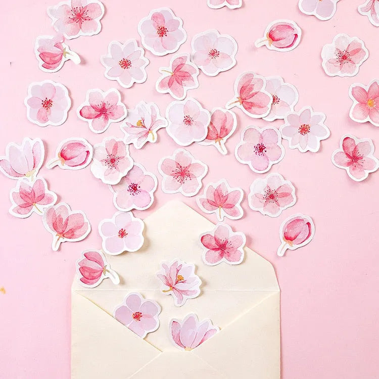 Sakura Story pink self-adhesive sticker block 45 sheets 44mm each romantic watercolour design