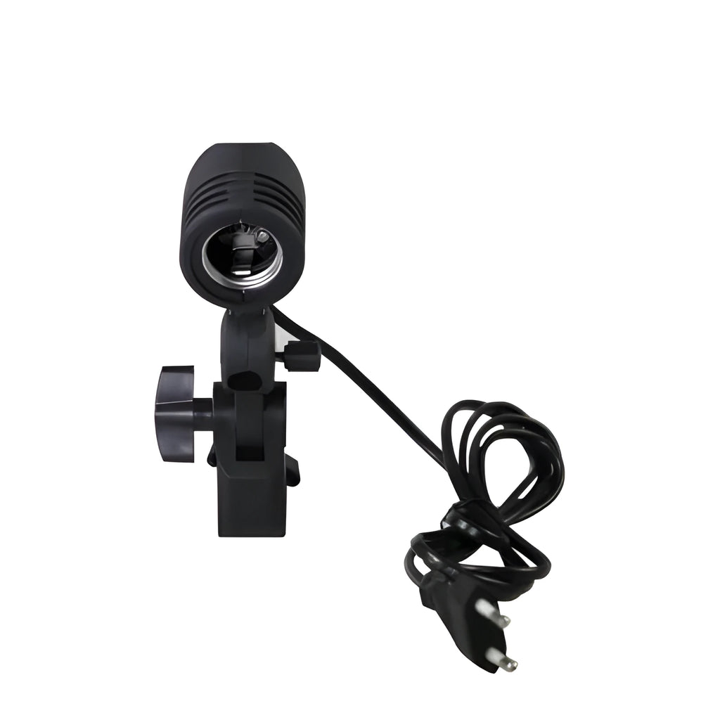 Black photographic single lamp holder with E27 port and power cords for studio lighting.