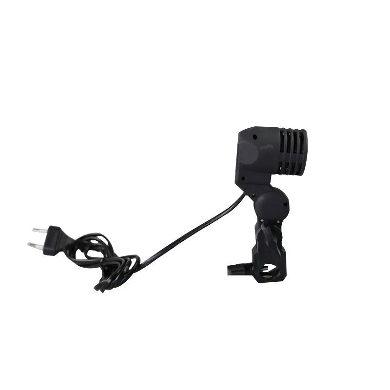 Black photographic single lamp holder with E27 port and power cords for studio lighting.