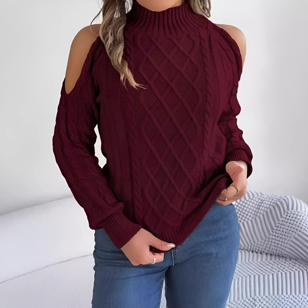 Gray women's strapless sweater with twisted knit pattern, half-high collar, and long lantern sleeves.