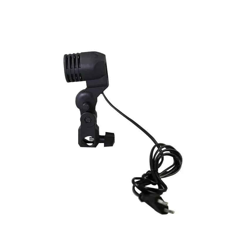 Black photographic single lamp holder with E27 port and power cords for studio lighting.