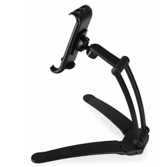 Silver aluminum alloy adjustable tablet stand holding a tablet with 360-degree rotation capability